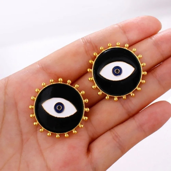 NEW! Boho Round Studded Enamel Evil Eye Stud Earrings - Picture 7 of 10